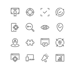 Set of seo and promotion related icons, data, market, analysis, feedback, optimization, target, website stats and linear variety vectors.