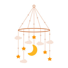 Flat vector illustration of a baby mobile. A rotating hanging accessory for a baby cot. A hanging toy with stars, clouds and a crescent.