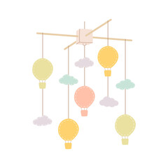 Flat vector illustration of a baby mobile. A rotating hanging accessory for a baby cot. A hanging toy with balloons and clouds.