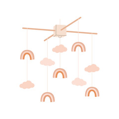 Flat vector illustration of a baby mobile. A rotating hanging accessory for a baby cot. A hanging toy with rainbow and clouds.