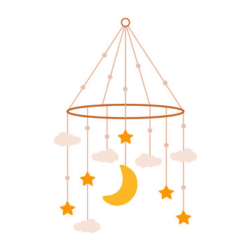 recommend clip art: Flat vector illustration of a baby mobile. A rotating hanging accessory for a baby cot. A hanging toy with stars, clouds and a crescent.