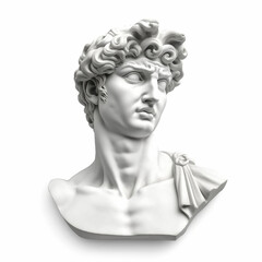 Michelangelo's iconic David statue head in gypsum plaster isolated on white background, generative AI