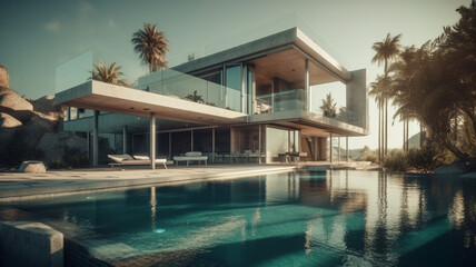 Modern flat roof house
 and panoramic windows, with a pool by the sea. Palm trees in the background.