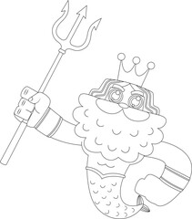 Outlined Sea God Poseidon Neptune Cartoon Character Holds Trident. Vector Hand Drawn Illustration Isolated On Transparent Background