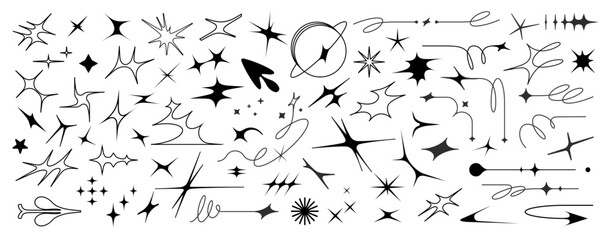 Futuristic brutalist logo with geometric shapes, arrows, and bursts influenced by Y2K. A galaxy of figures and crosses add energy for a cutting-edge brand