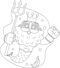 Outlined Sea God Poseidon Neptune Cartoon Character Swims Underwater With Trident. Vector Hand Drawn Illustration Isolated On Transparent Background
