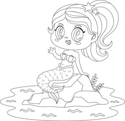 Outlined Cute Little Mermaid Girl Cartoon Character Sitting On A Rock And Waving. Vector Hand Drawn Illustration Isolated On Transparent Background