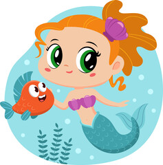 Fototapeta na wymiar Cute Little Mermaid Girl Cartoon Character Swims Underwater With Fish. Vector Illustration Flat Design Isolated On Transparent Background