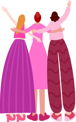 Group of ladies in pink cheering and hugging. Happy characters back view. Breast cancer awareness October, illustration.