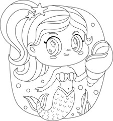 Outlined Cute Little Mermaid Girl Cartoon Character Swims Underwater With Spiral Sea Shell. Vector Hand Drawn Illustration Isolated On Transparent Background
