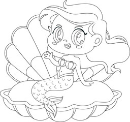 Outlined Cute Little Mermaid Girl Cartoon Character In Clam Shell Waving. Vector Hand Drawn Illustration Isolated On Transparent Background