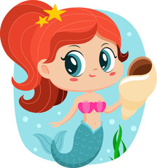 Cute Little Mermaid Girl Cartoon Character Swims Underwater With Spiral Sea Shell. Vector Illustration Flat Design Isolated On Transparent Background