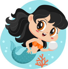 Cute Little Mermaid Girl Cartoon Character Swims Underwater With Big Pearl. Vector Illustration Flat Design Isolated On Transparent Background