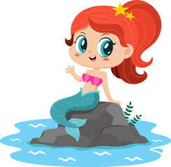 Obraz na płótnie Canvas Cute Little Mermaid Girl Cartoon Character Sitting On A Rock And Waving. Vector Illustration Flat Design Isolated On Transparent Background