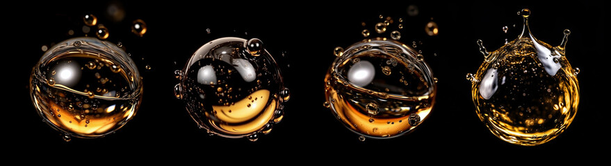 Oil drops splash. Realistic liquid bubbles with droplets. AI generative falling oil drops with splashing gold liquid