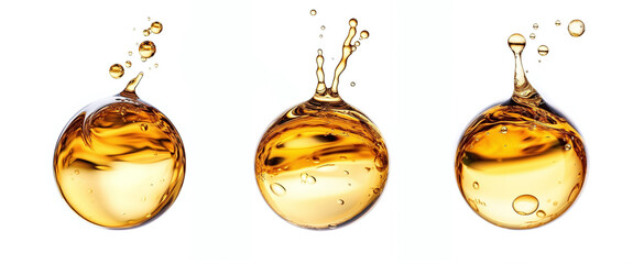Oil drops splash, Oil circle droplets with realistic liquid bubbless. AI generative falling oil drops with splashing gold liquid