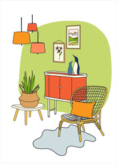Stylish interior with wicker chair, red chest of drawers and green wall. Cozy apartment in Scandinavian style. Decorative plant and figurines penguins. Stylish pieces of furniture in the living room.