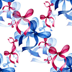Blue bow. Pattern. Hand-drawn, watercolor. Bright satin bow. Illustration for gift packaging.