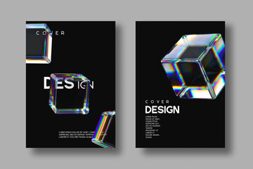 Set of brochures, flyers, posters, cover design. Abstract 3d transparent glossy cubes with dispersion effect on black background. Rainbow colors reflection glass. Vector illustration.