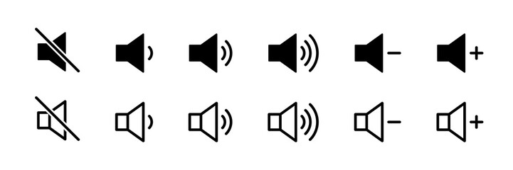 Volume mute icon. Speaker volume icons collection. Mute audio sound icon
