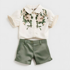 Stylish Mayoral Embroidered Blouse Set: Off-White Short Sleeve with Delicate Stitching and Dark Green Floral Shorts