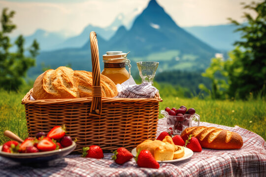 summer time picnic basket with fruit, berries, sandwiches, and iced tea on a blanket with a stunning mountainous landscape in the background. Generative AI