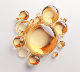 Oil bubbles and drops splash, gold background of droplets merge. AI generative oil drops of gold liquid droplets of serum merging or dissolving in fluid - 605668397