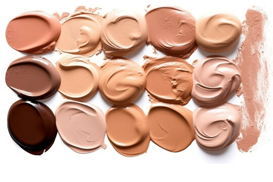 Diverse makeup foundations samples set in tonal smudges on white background, generative AI