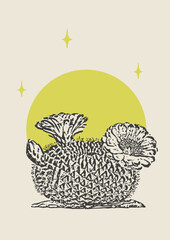 Blossom cactus ink illustration wild west desert vintage design.
