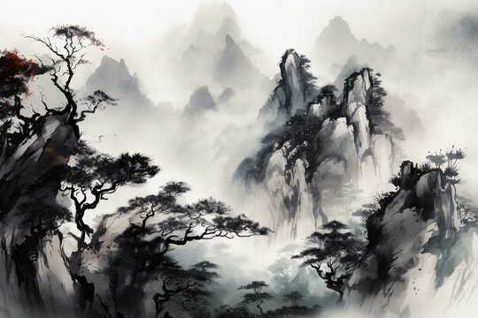 Chinese painting of mountain & tree in abstract style. Generative AI