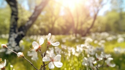 Marvel at a blurred spring background, with a blooming glade, trees, and blue sky enhancing the sunny day. A splendid display of nature, created by AI.