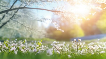 Experience a gorgeous spring scene, a blooming glade, trees, and a clear blue sky, all beautifully blurred. A charming spectacle, conceived by AI.