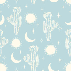 Seamless pattern vector summer cactus on desert with heavenly elements.