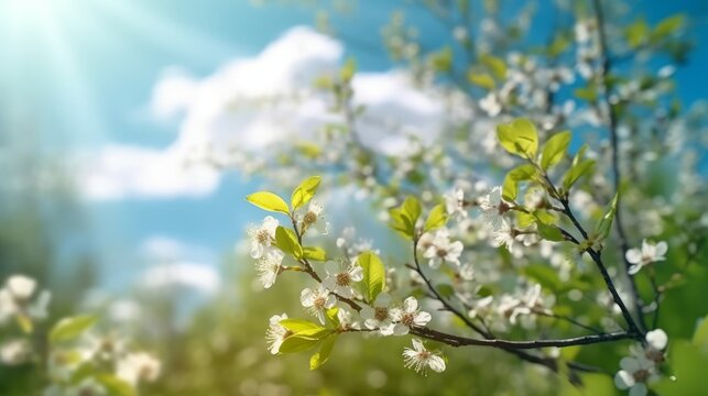 Immerse yourself in a beautiful blurred spring background, a blooming glade, trees, and a blue sky on a sunny day adding charm. A sight to behold, curated by AI.
