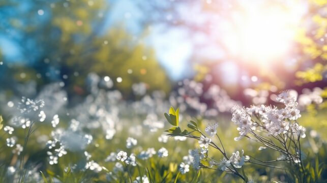 Behold a beautiful spring background with a blooming glade, trees, and sunny blue sky, all softly blurred for a dreamy effect. Artistry conceived by AI.
