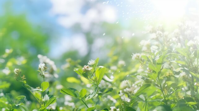 Immerse yourself in a beautiful blurred spring background, a blooming glade, trees, and a blue sky on a sunny day adding charm. A sight to behold, curated by AI.