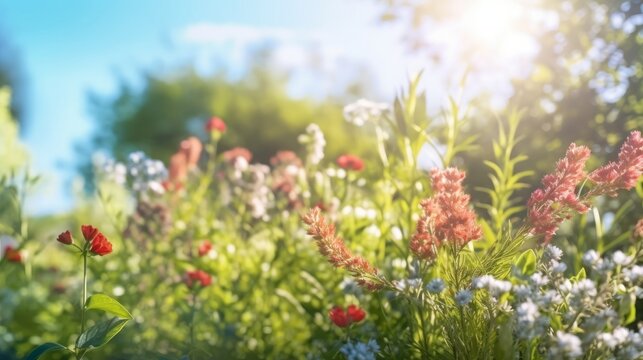 Immerse yourself in a beautiful blurred spring background, a blooming glade, trees, and a blue sky on a sunny day adding charm. A sight to behold, curated by AI.