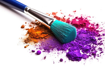 Makeup brush and colorful cosmetic powder on white background. Ai generative