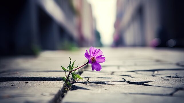 Purple flower growing on street coming out of cracked asphalt, soft focus, blurred street background with copy space. Generative ai