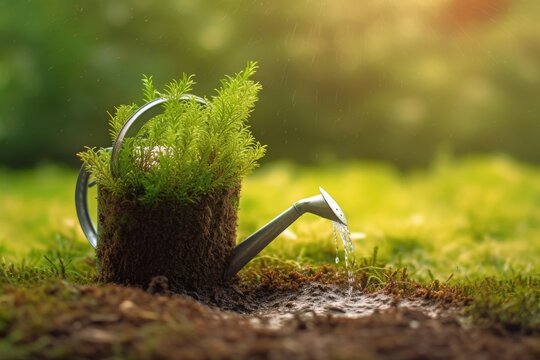 a green watering can covered with moss and soil pours water onto a patch of freshly planted grass against a brown soil background with a blurred green background. Generative AI