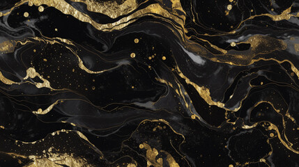 Black marble background with gold liquid pattern. Seamless marble or granite wall with golden wave splash. Gorgeous generative ai - obrazy, fototapety, plakaty