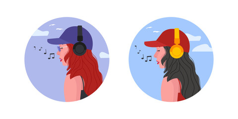 Young girl listens to music in headphones and sings. Flat illustration for concepts of music, recreation, enjoyment of listening to modern favorite tracks.