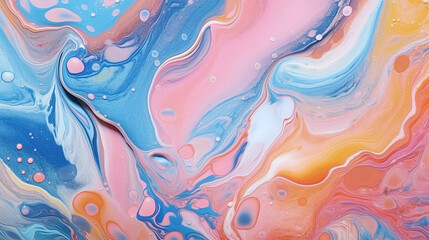 Fototapeta premium Colorful marble background with liquid abstract pattern. AI generative marble wall with pastel paint wave splash on blue, orange, pink