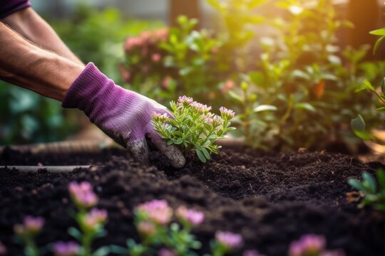 gloved hand planting a new flower in a garden bed with a blurred flower bed background. Generative Ai