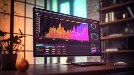 Monitor showing a financial dashboard with multiple charts and graphs. Generative AI