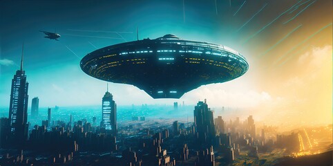 Naklejka na ściany i meble Flying saucer over city at night. Generative AI