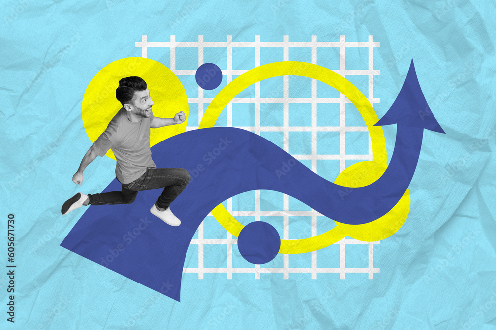 Aufkleber sketch artwork image collage of excited cheerful man running way path forward dream hurry finish iso