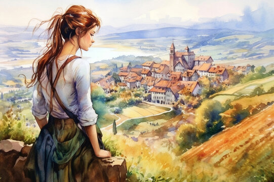 Illustration of traveling young woman  looking down at the beautifull village landscape  from the hill, profile view in a watercolor style. Generative AI.