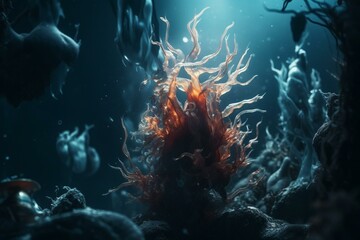 Underwater world transformed by light, inspired by fantasy and natural processes. Generative AI