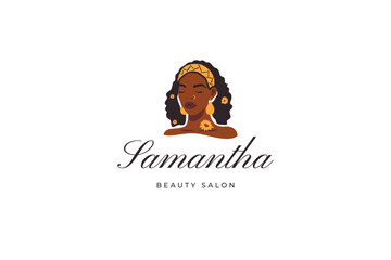 Fashion African woman ethnic tribal summer beauty logo design template vector flat